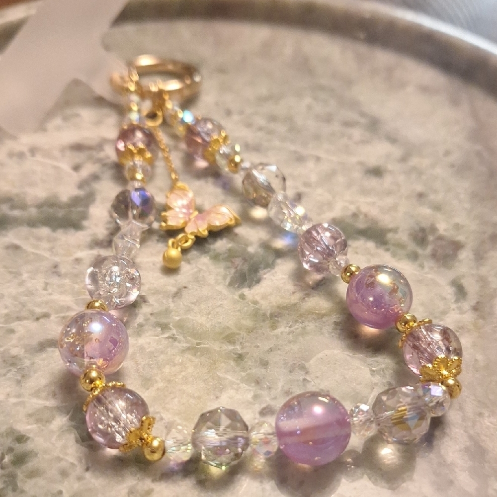 Elegant Gold and Purple Beaded Bag Charm Phone Strap
